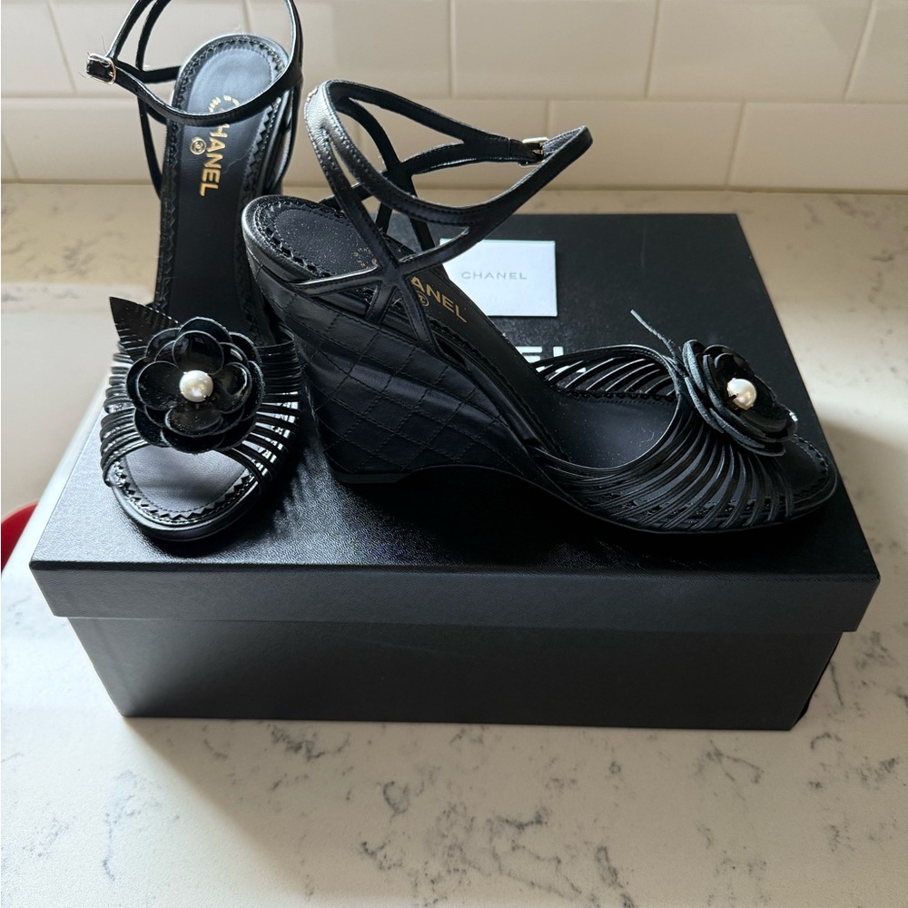 CHANEL Black Wedge Strappy Sandal